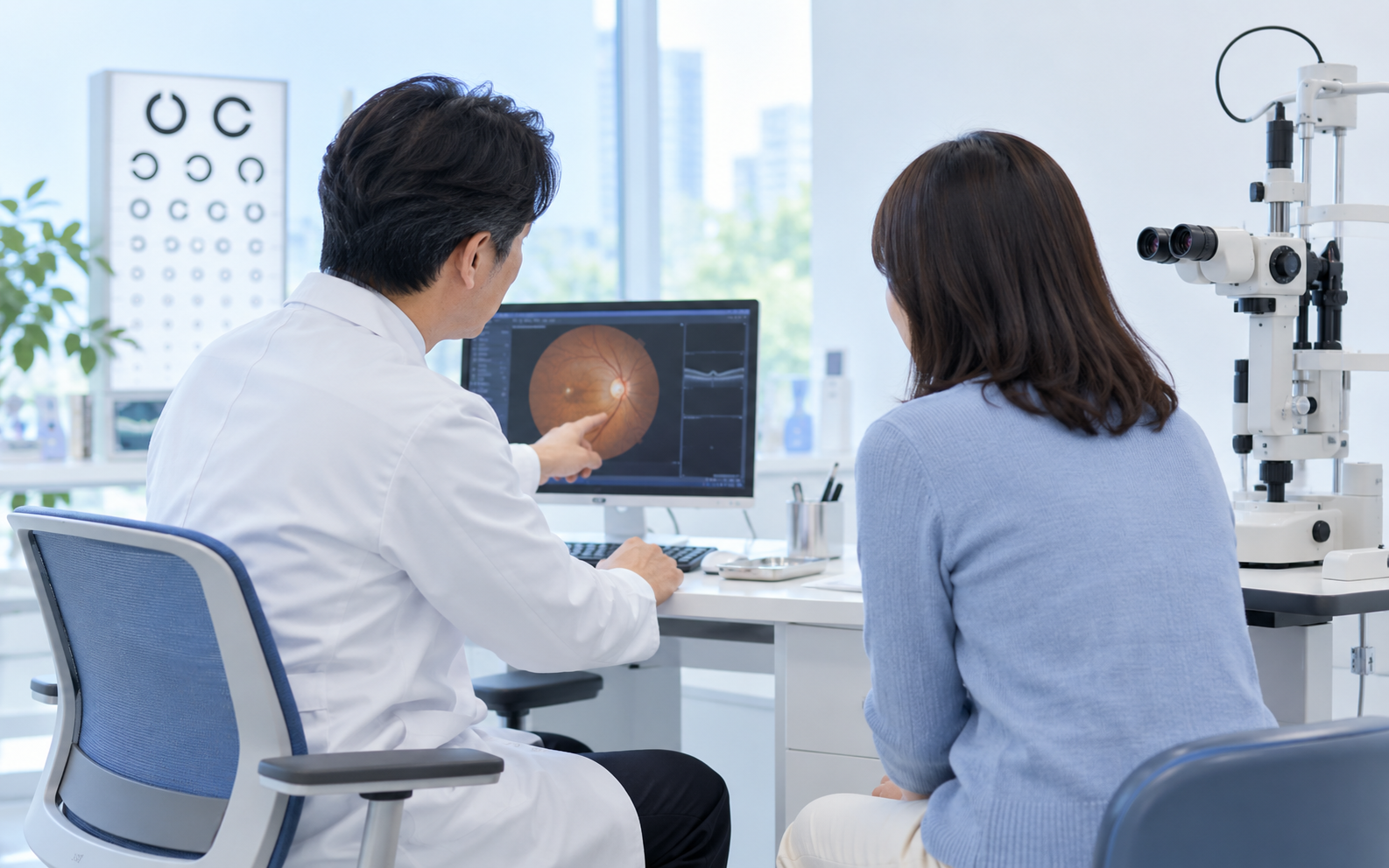 眼科医が患者に検査結果を説明するイメージ画像